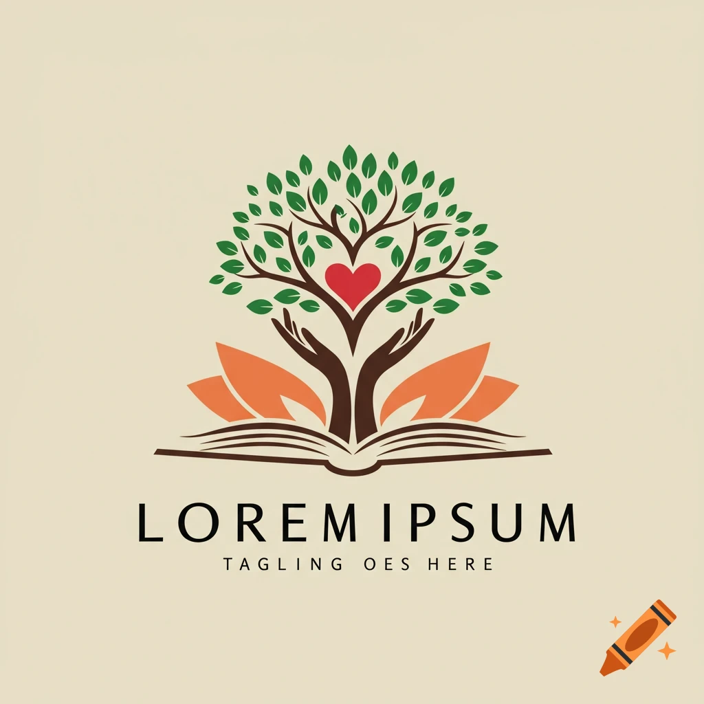 A logo of a tree with hands holding a heart, growing from an open book with lotus-like pages. Below is placeholder text.