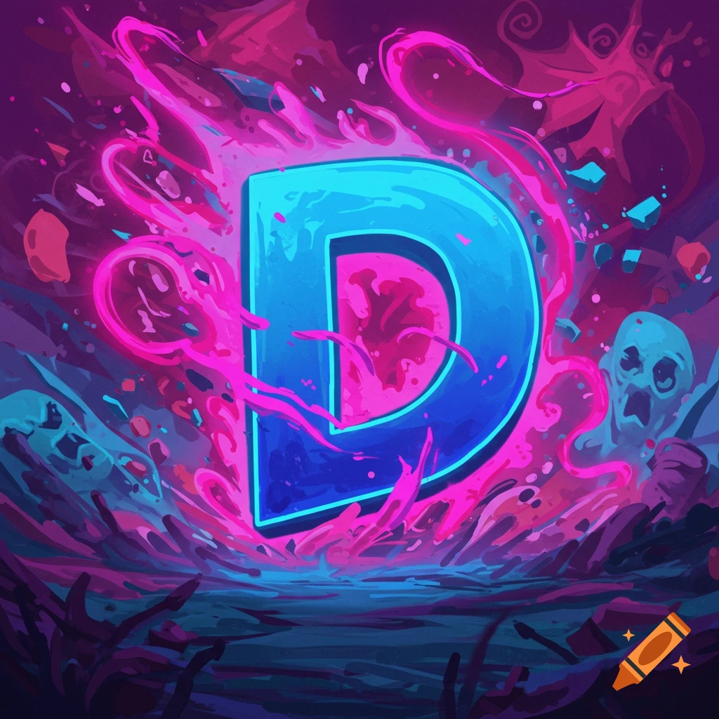 Large blue letter D surrounded by swirling pink energy, abstract shapes, and a stylized skull figure in a vibrant digital art style.