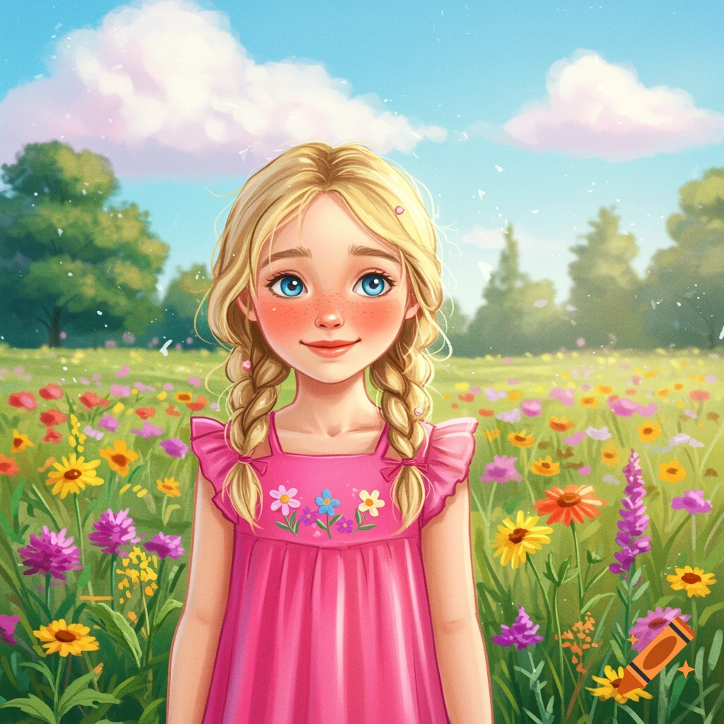 A young girl in a pink dress stands in a field of colorful wildflowers under a blue sky.