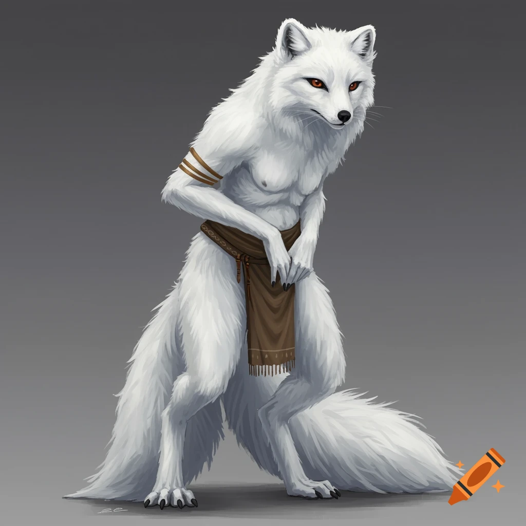 A hunched anthropomorphic arctic fox creature with white fur and a brown loincloth.