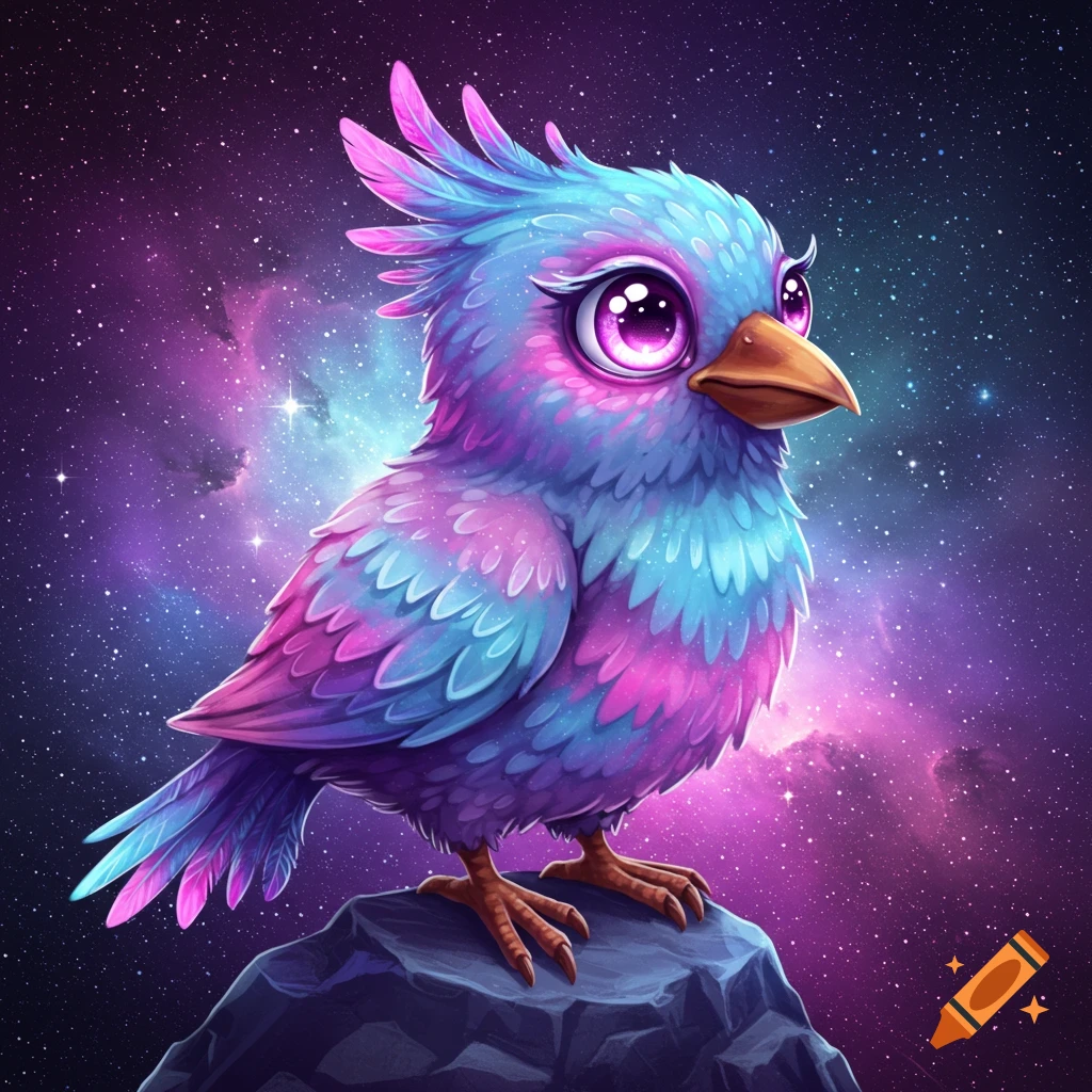 A cute, colorful bird with purple and blue feathers sits on a rock in front of a starry galaxy background.
