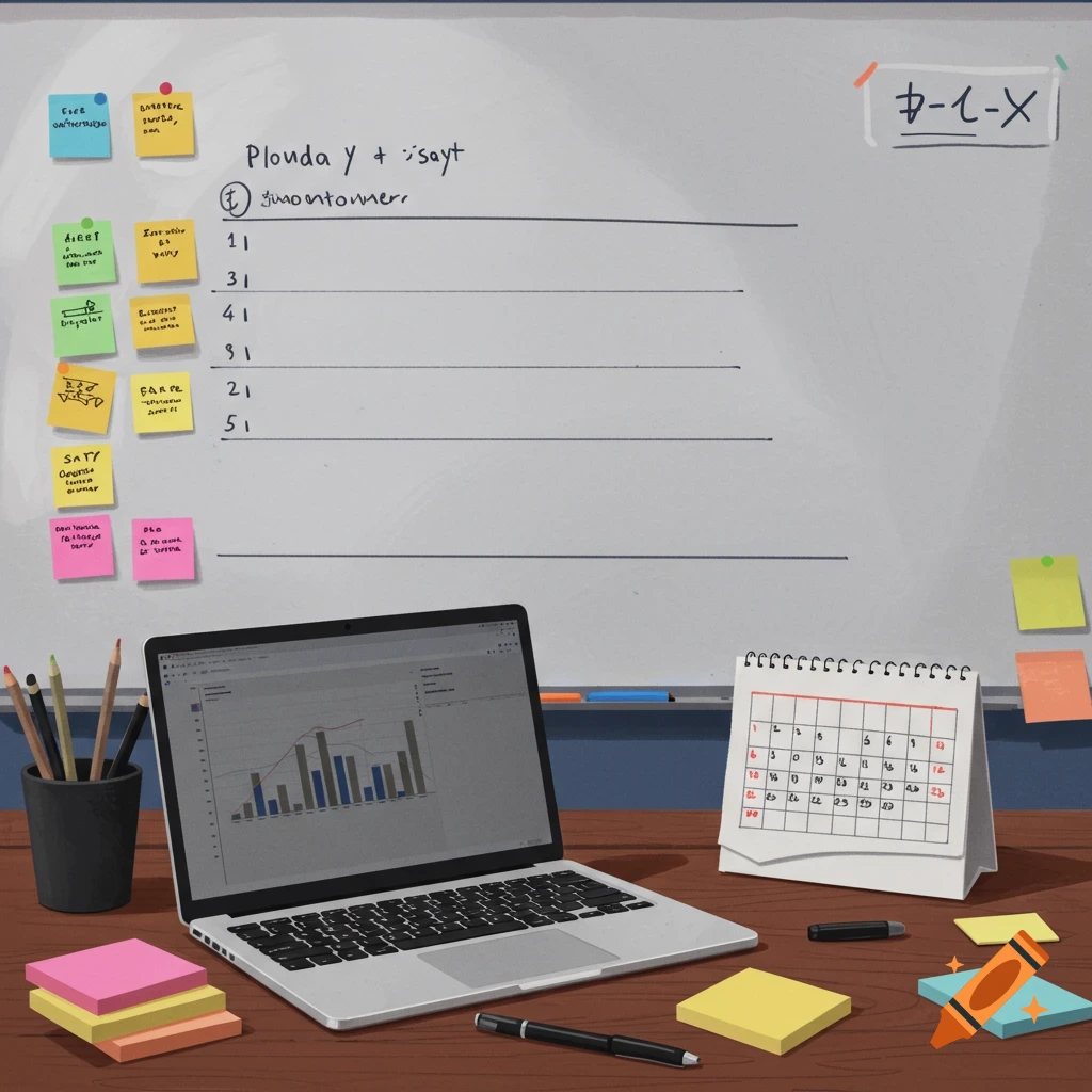 A desk with a laptop, sticky notes, calendar, and a whiteboard in the background.