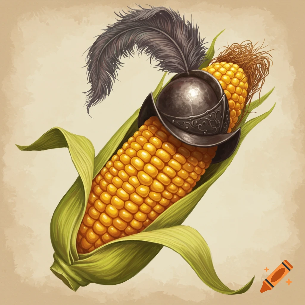 An ear of corn wearing a conquistador helmet.