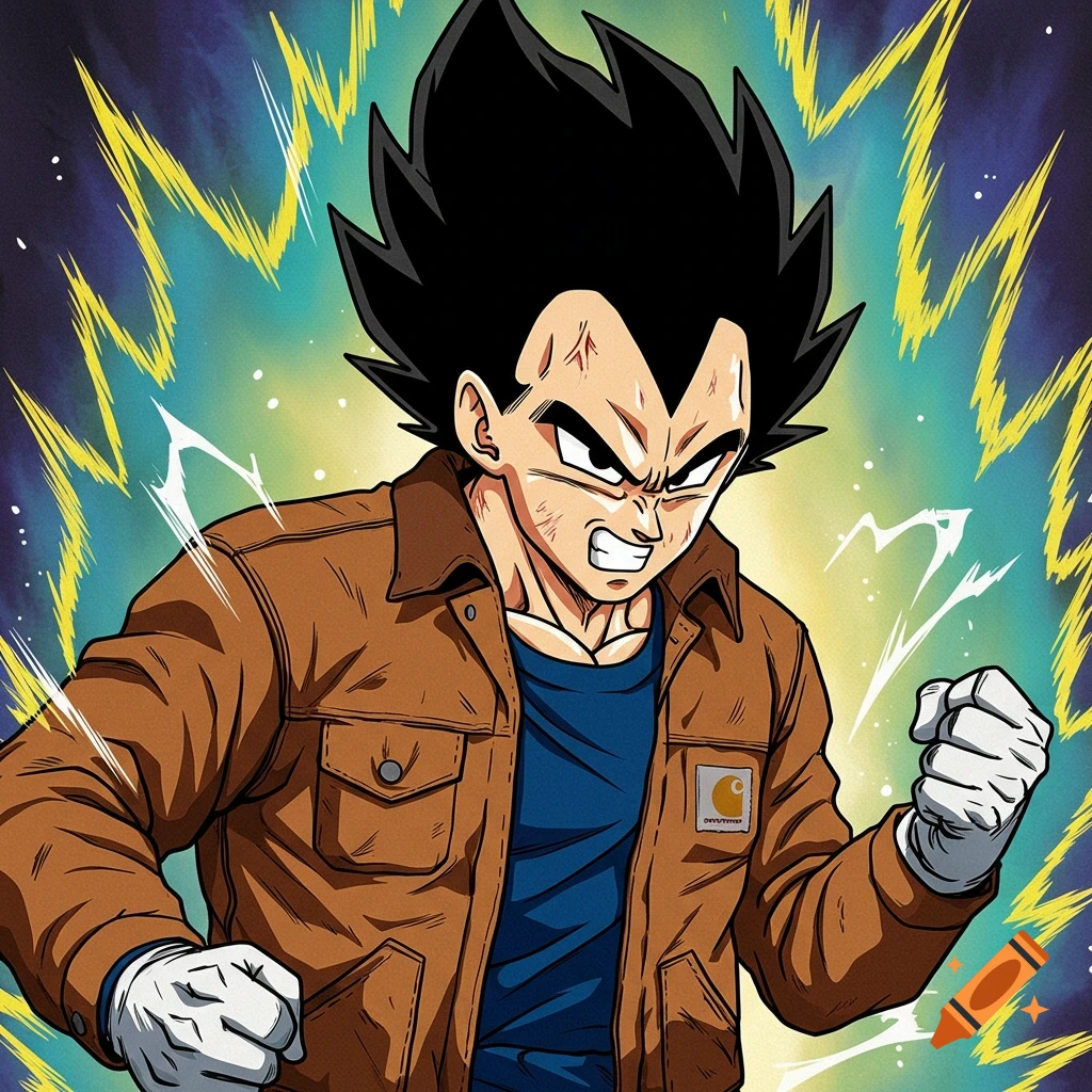 Anime drawing of Vegeta from Dragon Ball Z in a brown jacket, looking angry with energy around him.