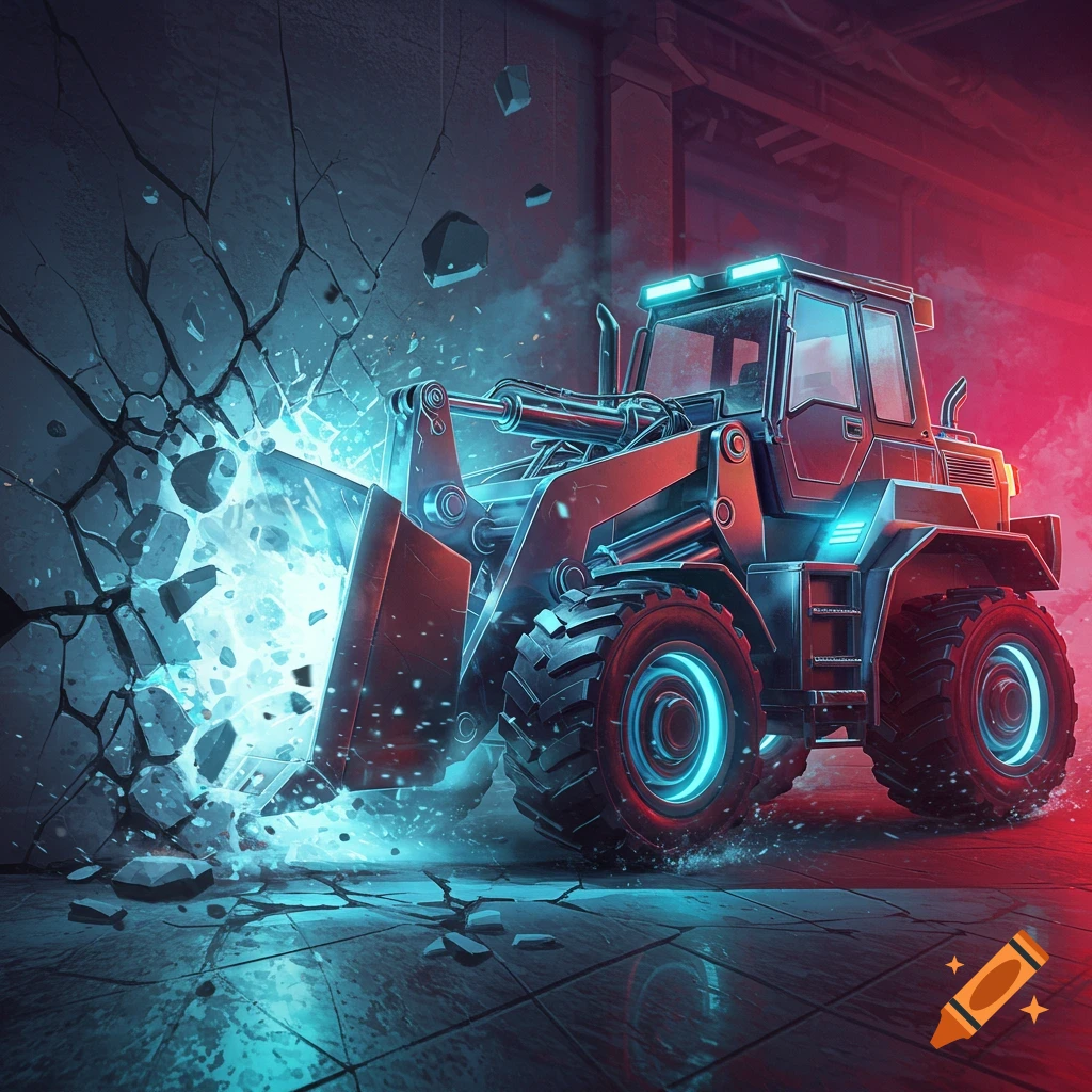 Bulldozer smashing a wall
