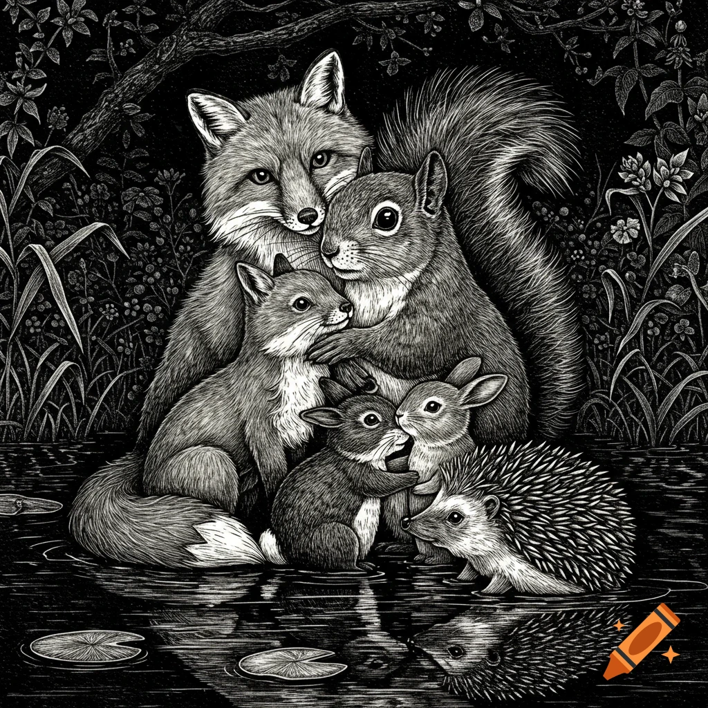 A black and white illustration shows a fox, squirrel, two rabbits, and a hedgehog gathered by a pond.