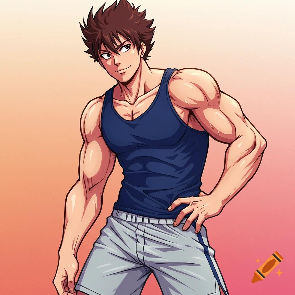 An anime drawing of a muscular man in a blue tank top and grey shorts.
