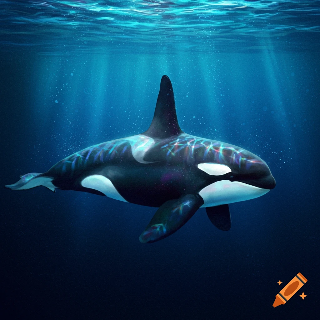 An orca swims underwater with colorful, shimmering patterns.