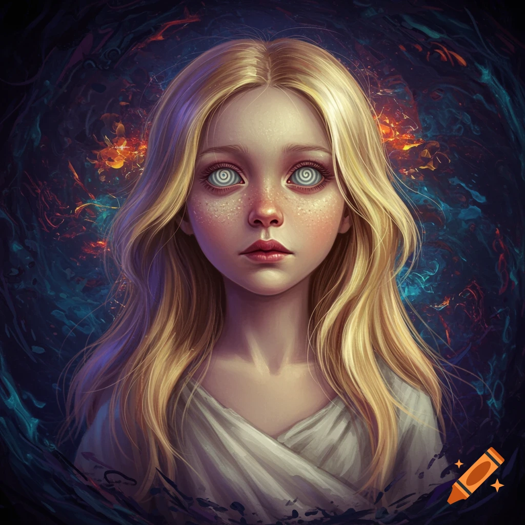 A young girl with spiral eyes and blonde hair is shown against a swirling dark background.