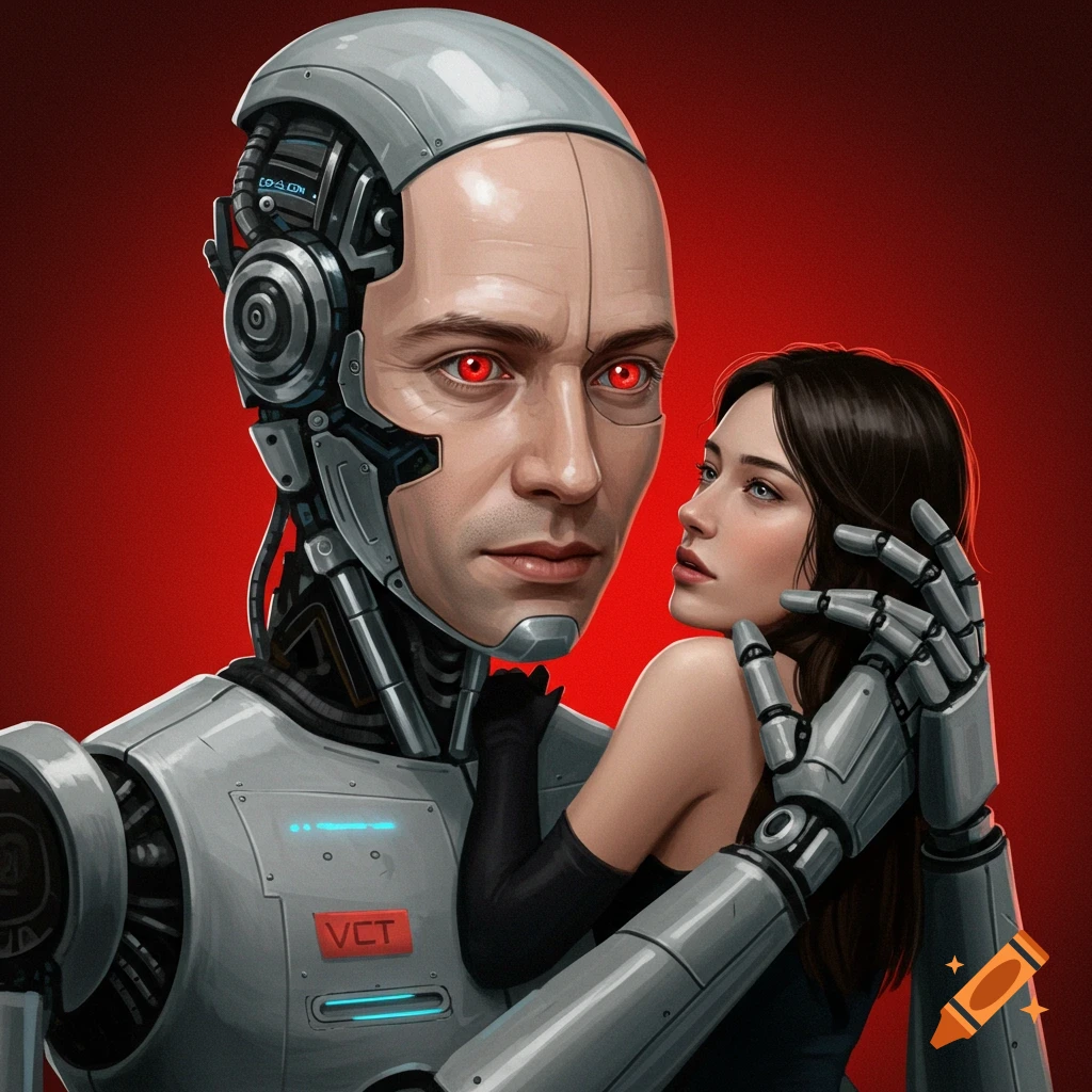 An illustration of a robot with a human face and red eyes holding a woman against a red background.