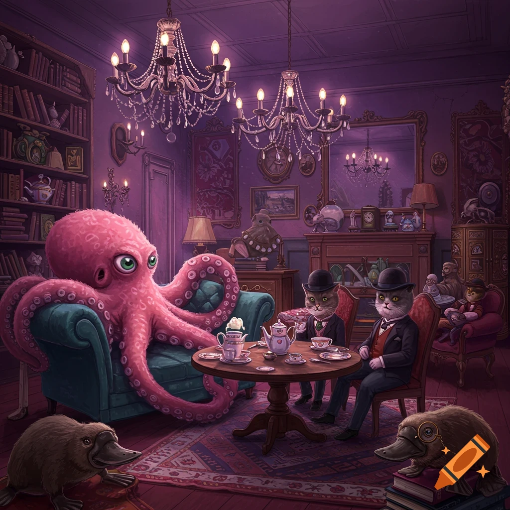 A whimsical image of a pink octopus on a couch with two cats in suits at a tea table, and two platypuses.