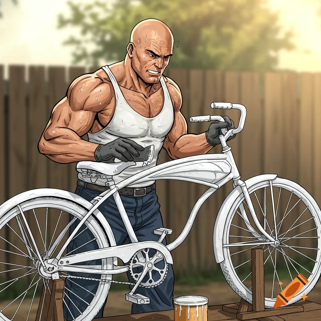 A bald muscular man in a tank top is working on a white bicycle outdoors.