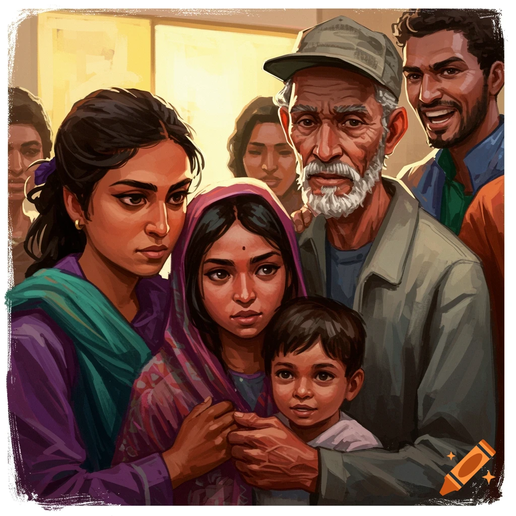 A diverse group of people, including a child, a young woman, and an older man, standing together.