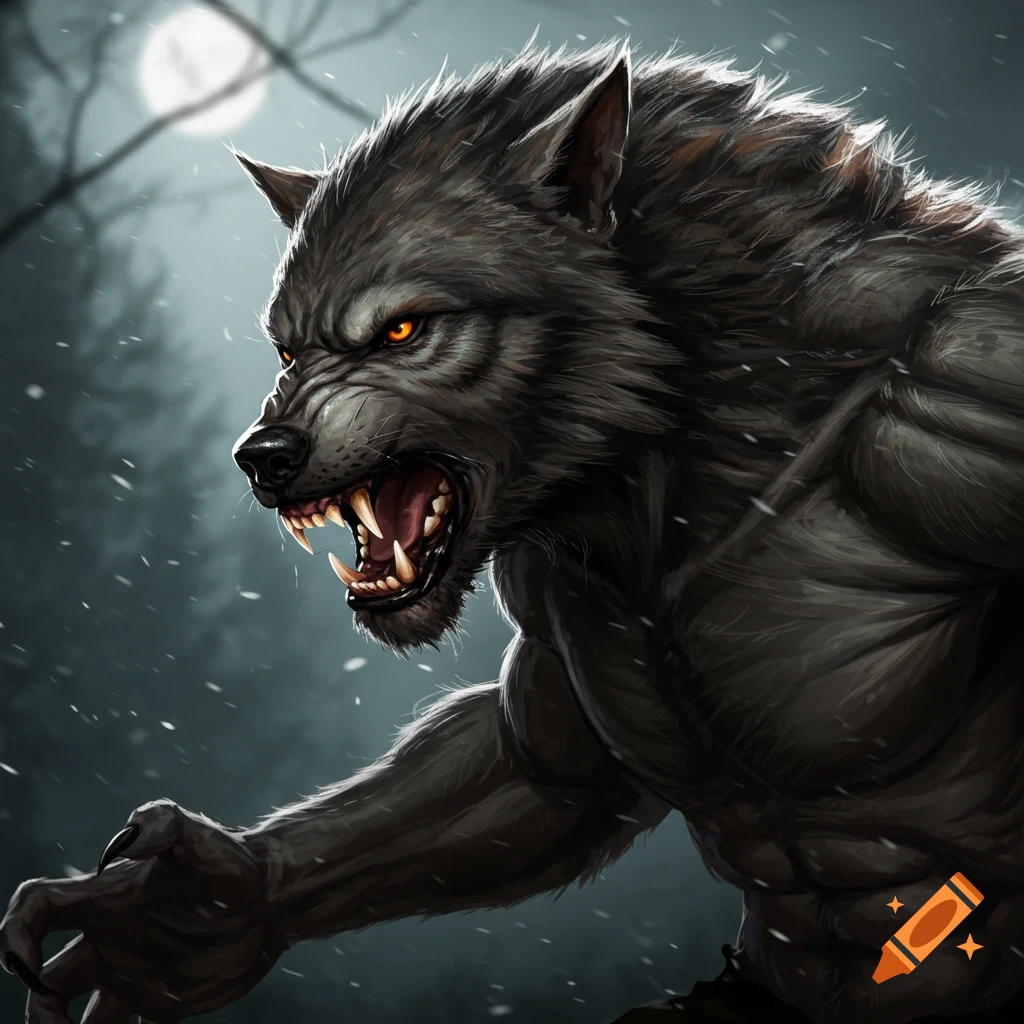 A roaring werewolf with glowing eyes under a full moon in a forest.