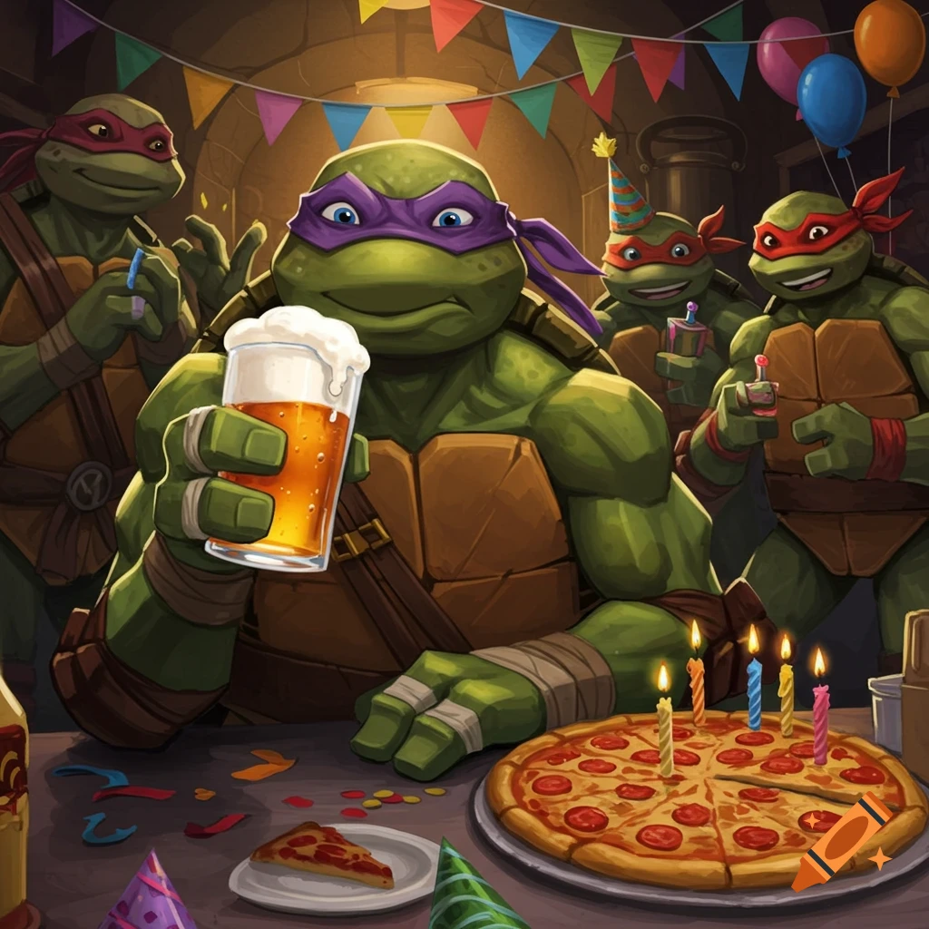 The Teenage Mutant Ninja Turtles are celebrating a birthday party with pizza and drinks.