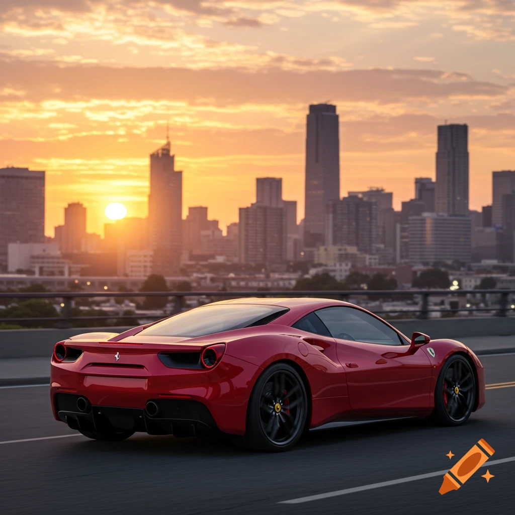 Red Ferrari driving on road with city skyline at sunset