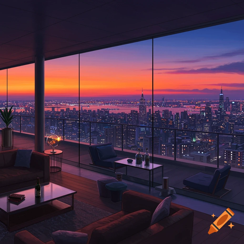A penthouse overlooking a cityscape at sunset. Features a vibrant sky and comfortable furniture.