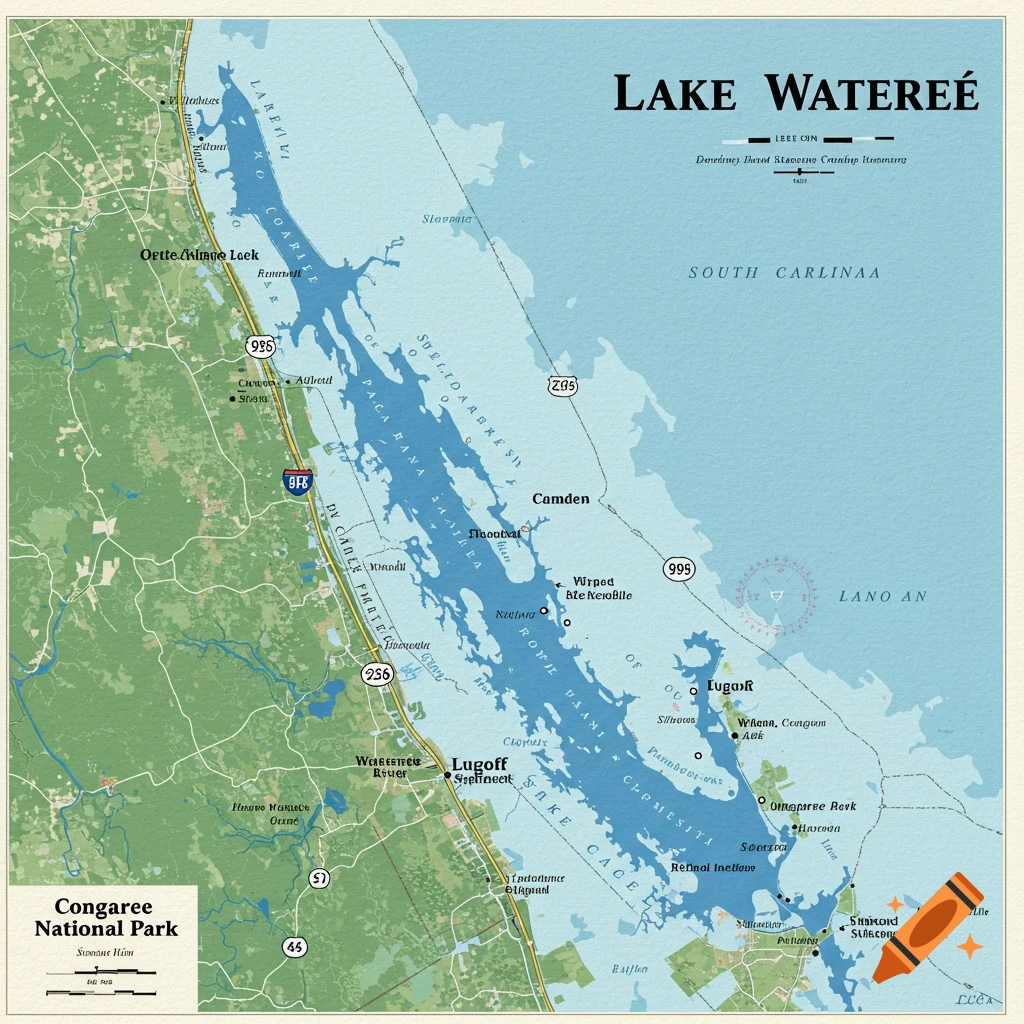 A map of Lake Wateree.