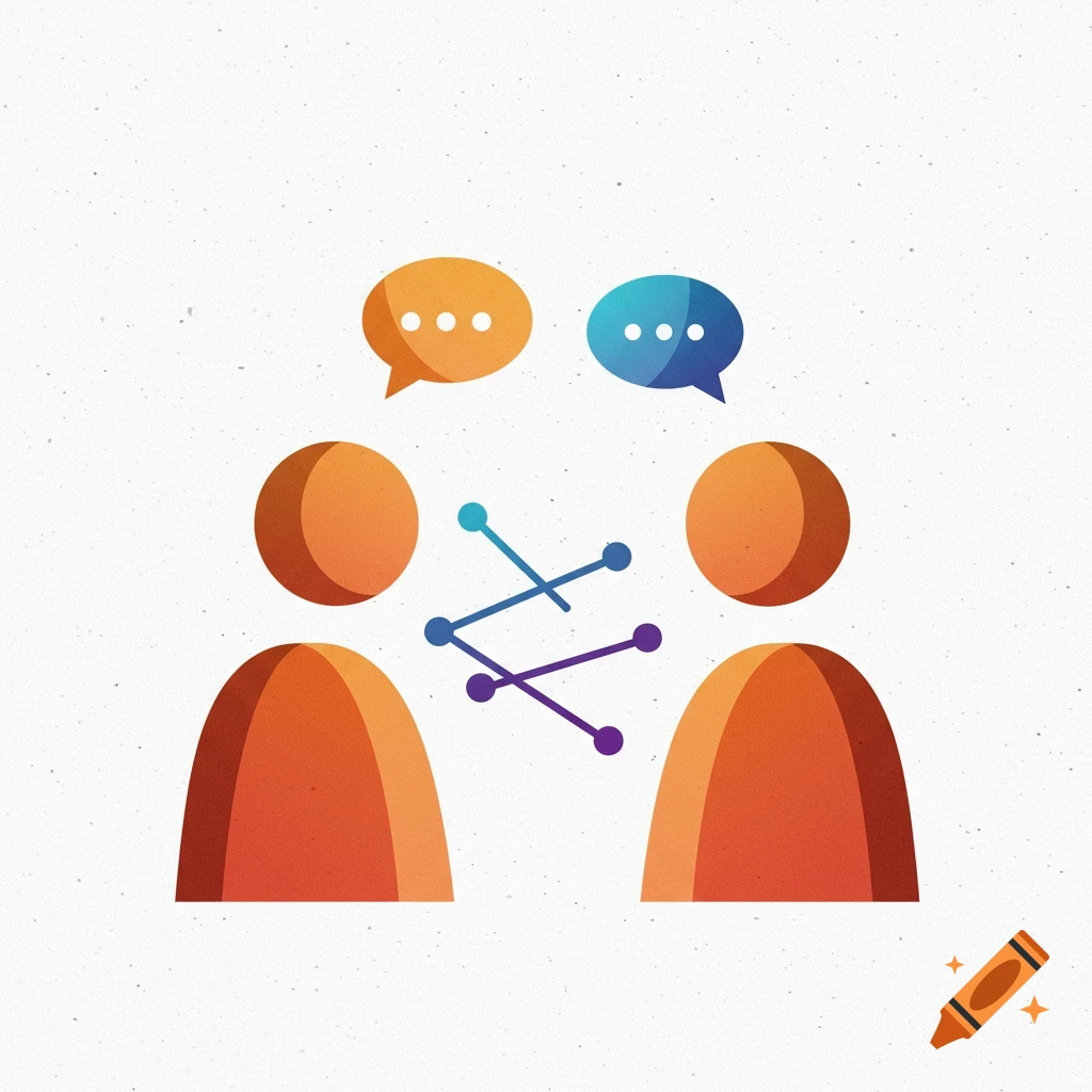 Illustration of two abstract figures with speech bubbles and connecting lines representing communication.