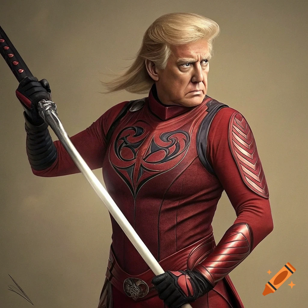 Donald Trump in a red fantasy costume holds a sword.