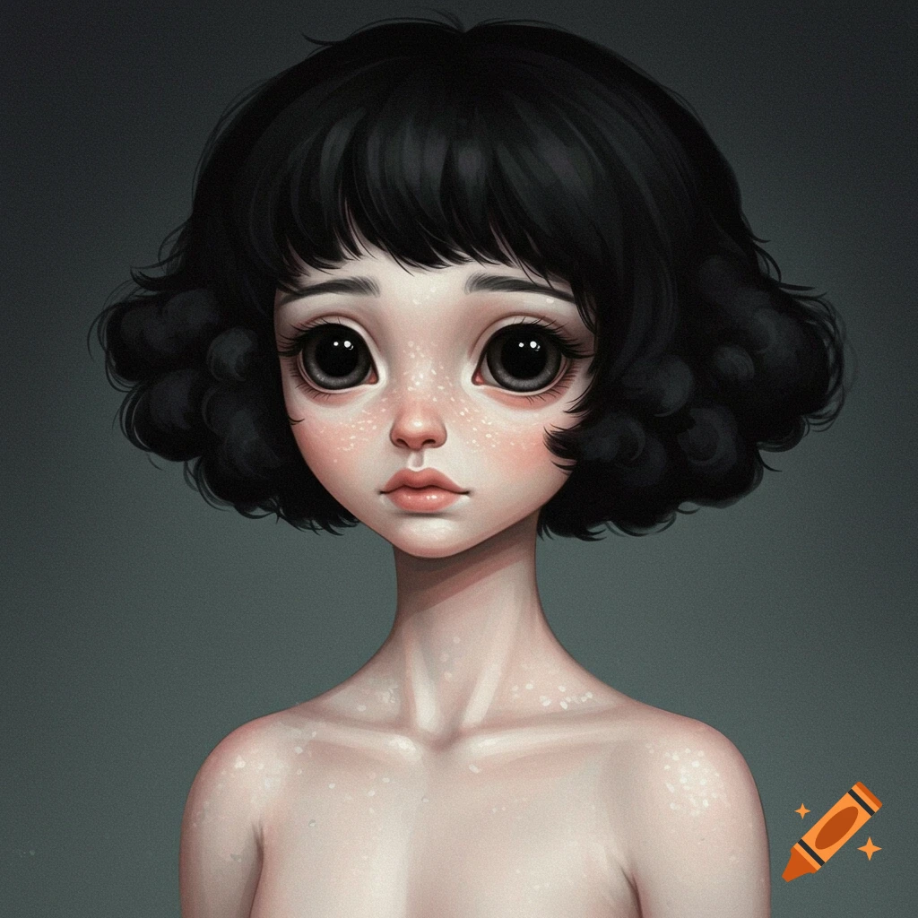 A stylized digital portrait of a figure with large dark eyes, pale skin with freckles, and short dark curly hair, against a grey background.