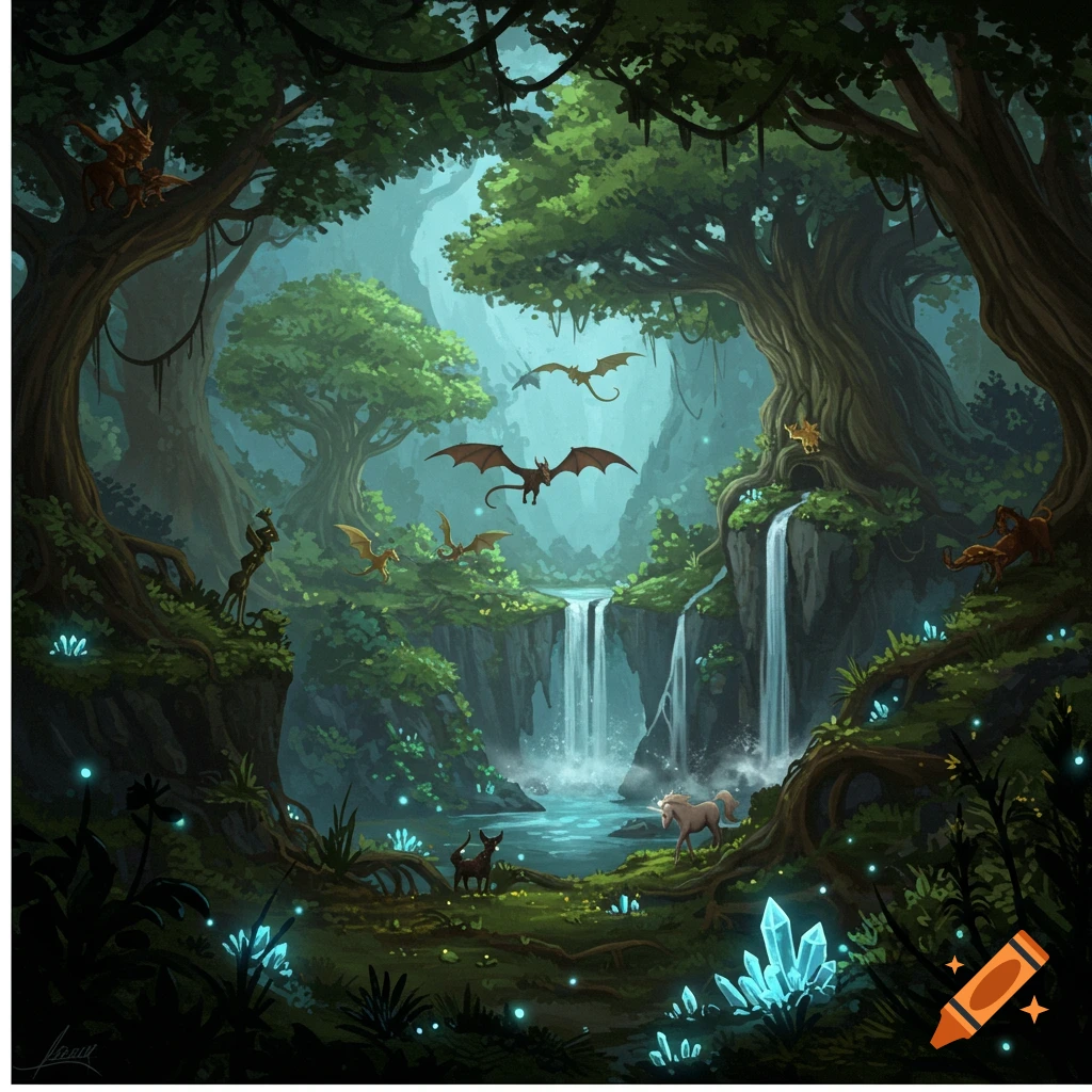 A fantasy forest with waterfalls, flying dragons, a unicorn, and glowing blue crystals.