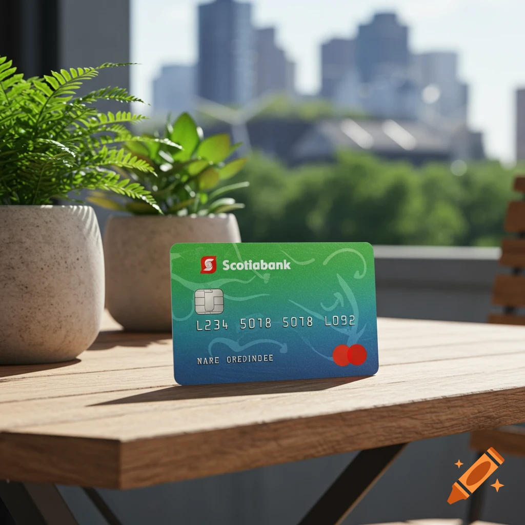 Photorealistic image of a Scotiabank credit card on a wooden table outside with plants and a city background.