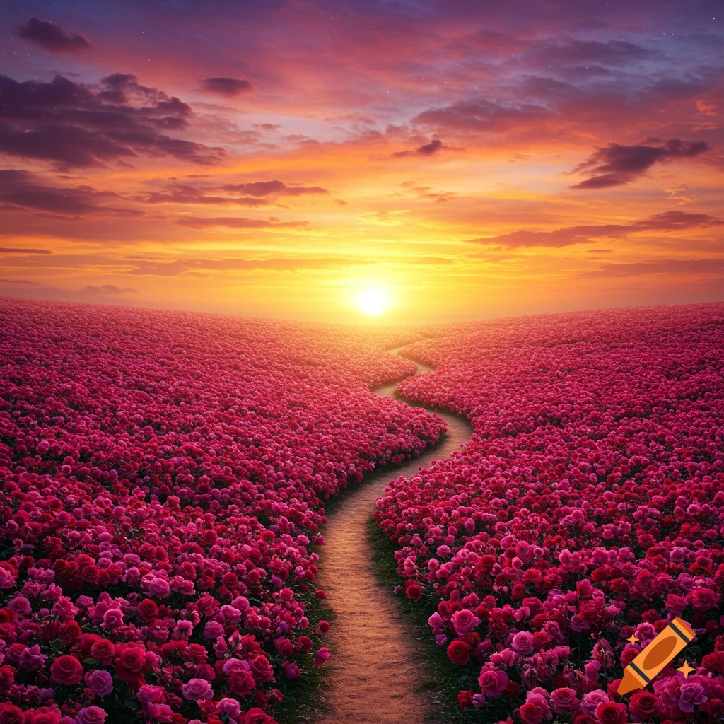 A winding path through a vast field of pink roses towards a vibrant sunset sky.