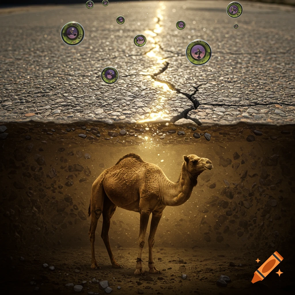 An image of a camel underground with a cracked road above and floating bubbles.