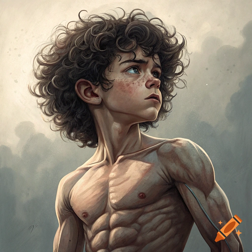 A detailed, stylized portrait of a muscular boy with curly brown hair and freckles looking up.