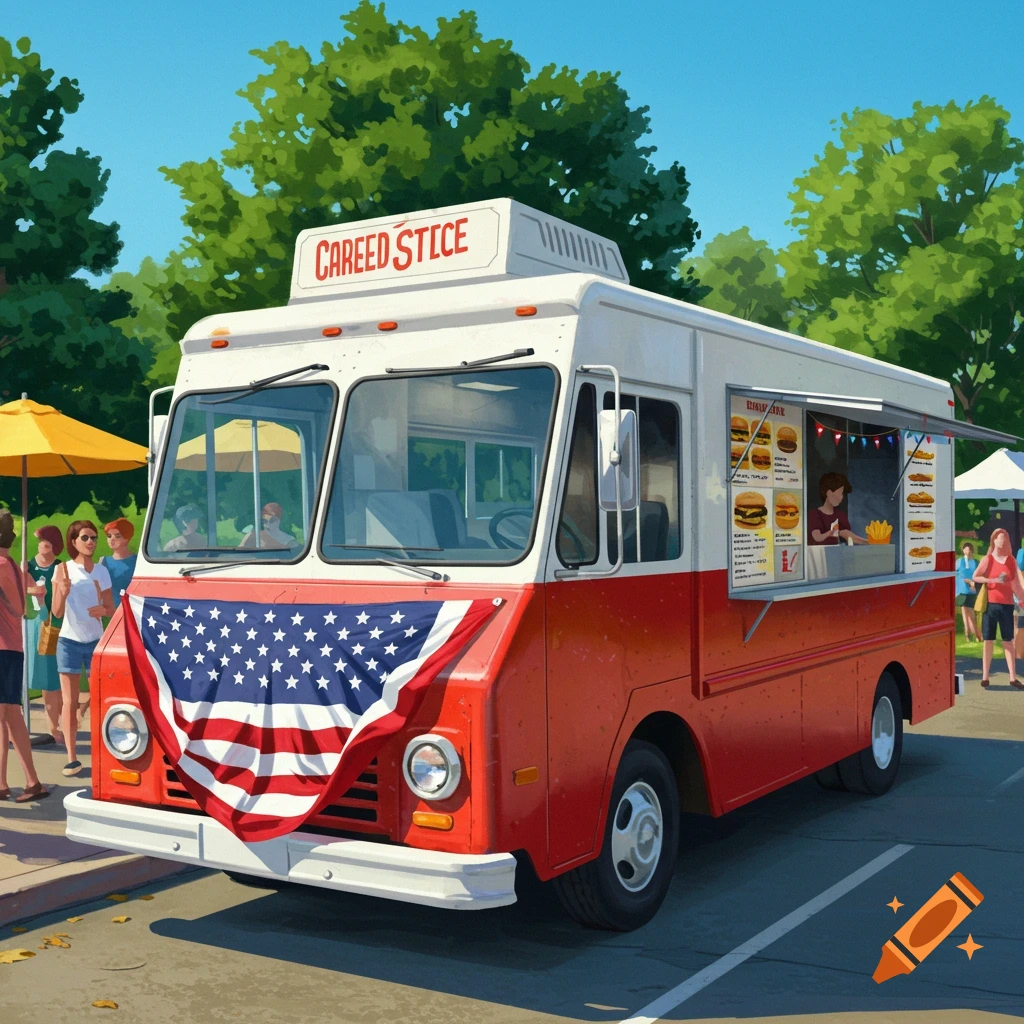 A red and white food truck with an American flag displayed on the front, parked outdoors with people nearby.