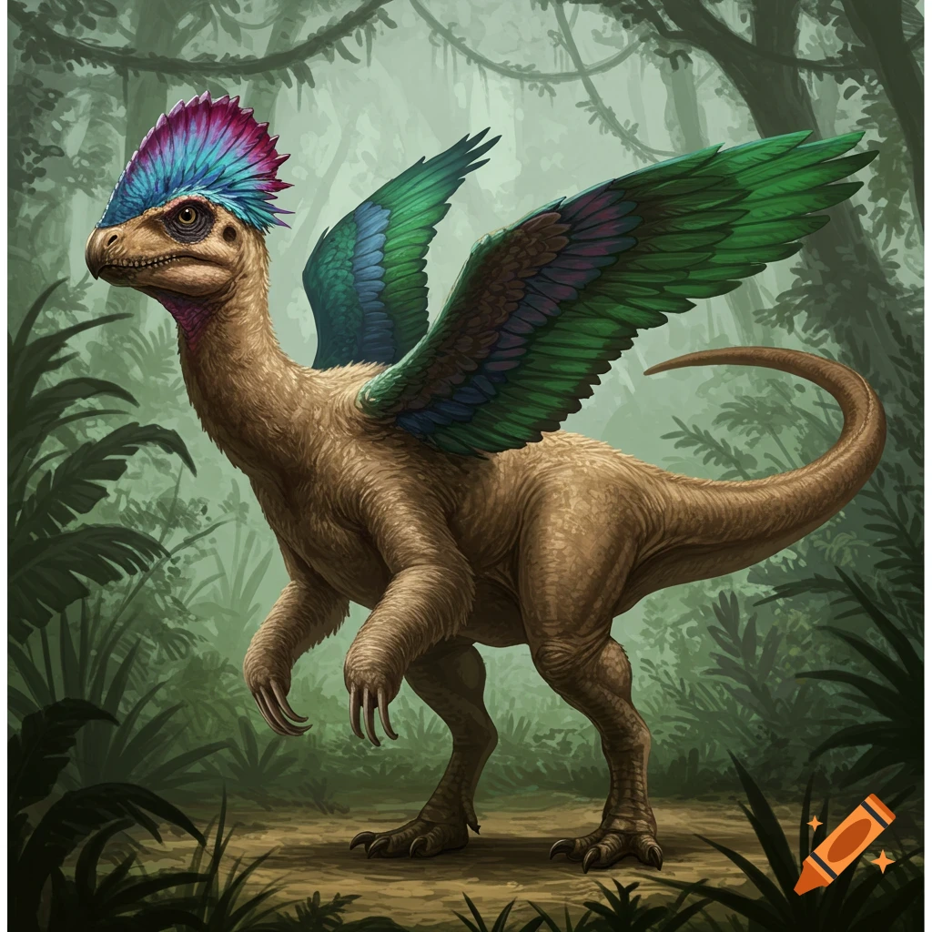 A bird-like dinosaur with a colorful head crest and wings stands in a jungle.
