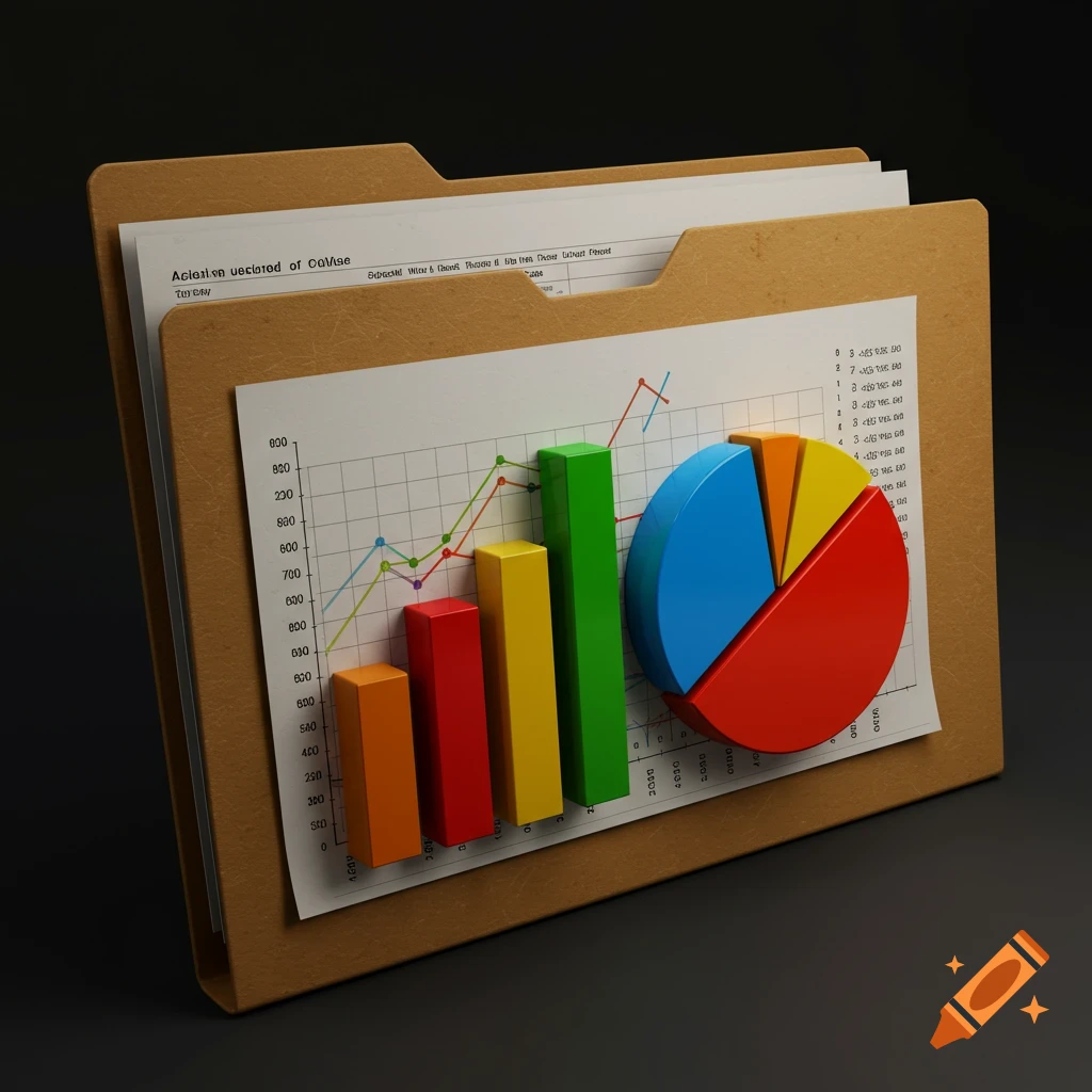 Photorealistic render of a file folder with bar, line, and pie charts.