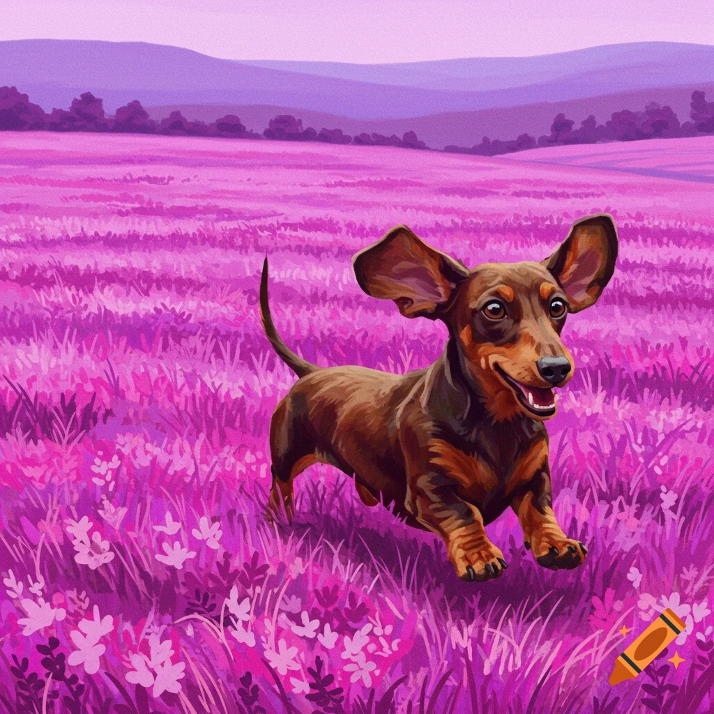 A dachshund runs through a field with purple grass.