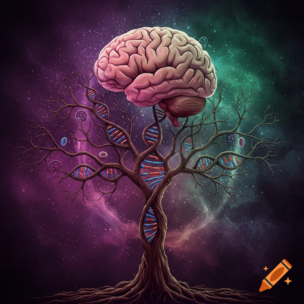 A brain rests atop a tree with a DNA-like trunk against a galaxy background.