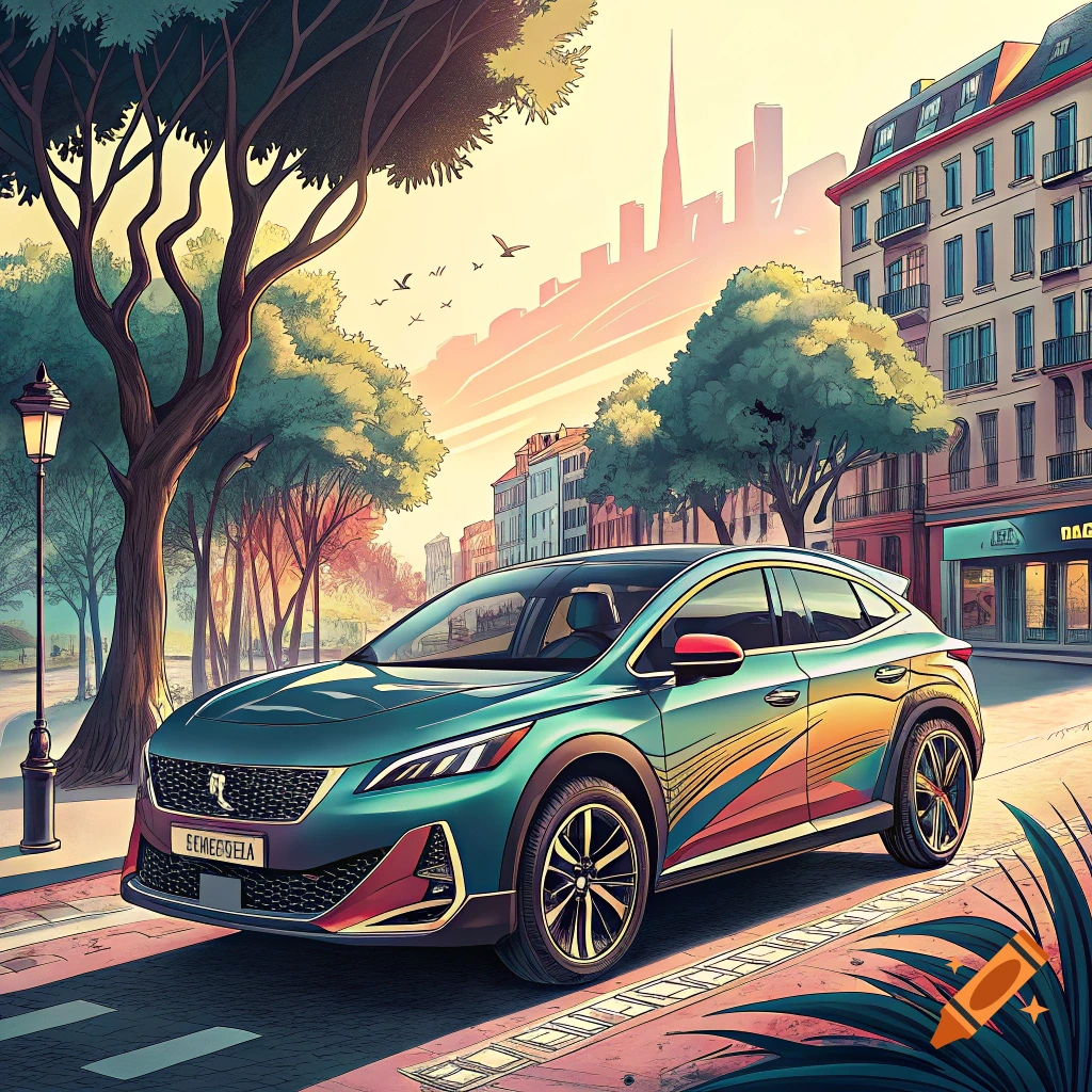 Stylized animated illustration of a teal car with a colorful design driving on a city street.