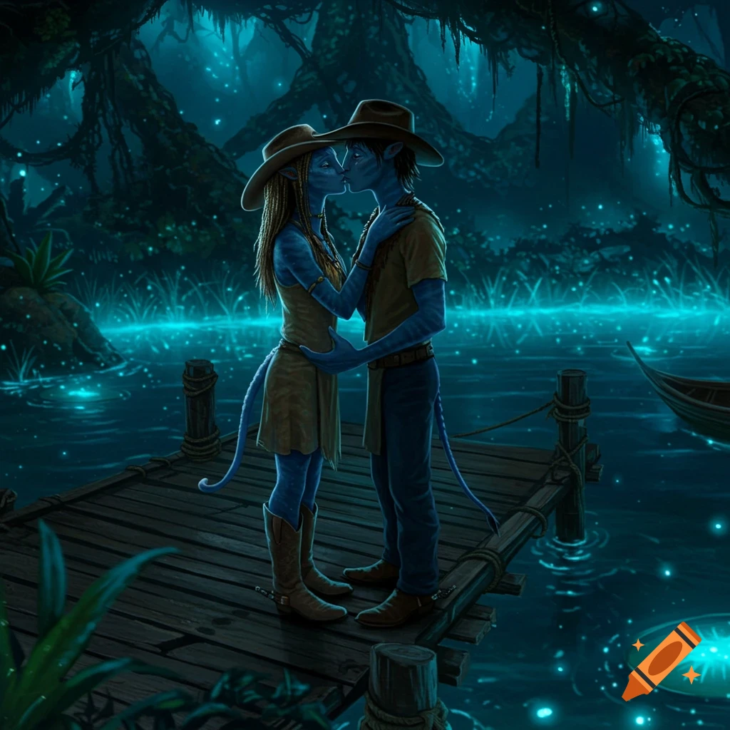 Two blue alien figures in cowboy hats and boots kiss on a wooden dock in a glowing, alien swamp.