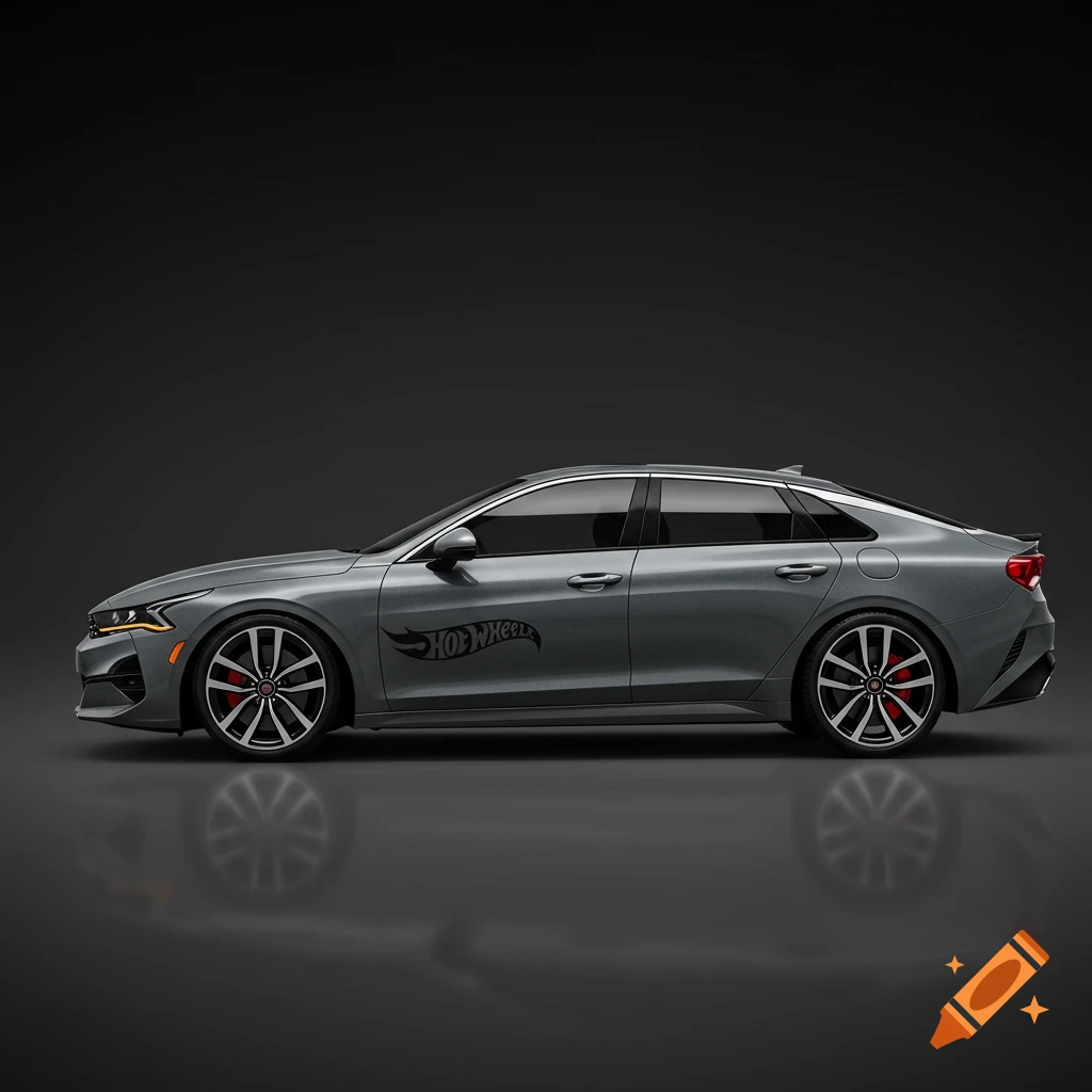 A grey sedan car with a Hot Wheels logo on the side against a dark background.