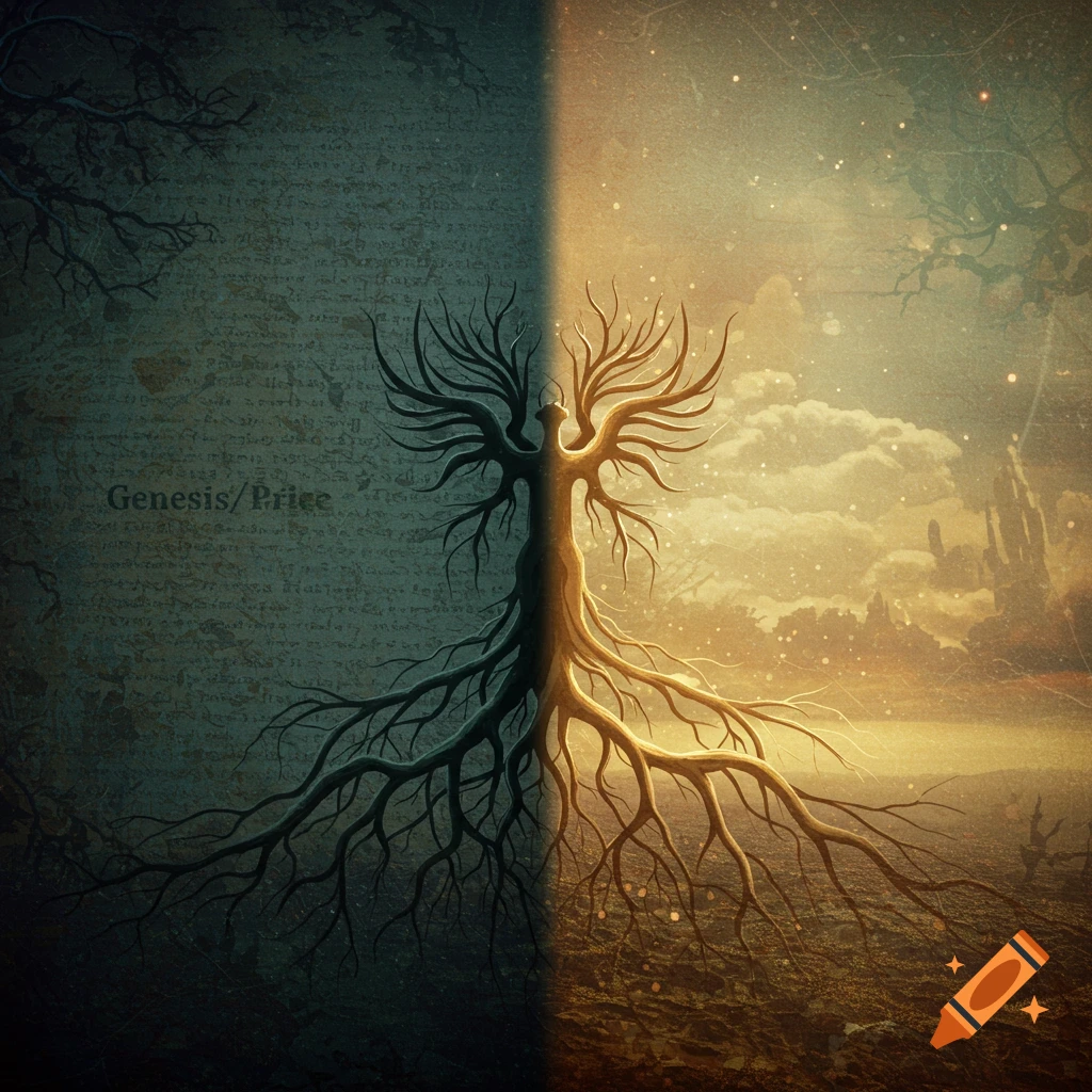 Conceptual digital art of a tree split between a dark side with roots and text 'Genesis/Price' and a bright side with branches reaching up.