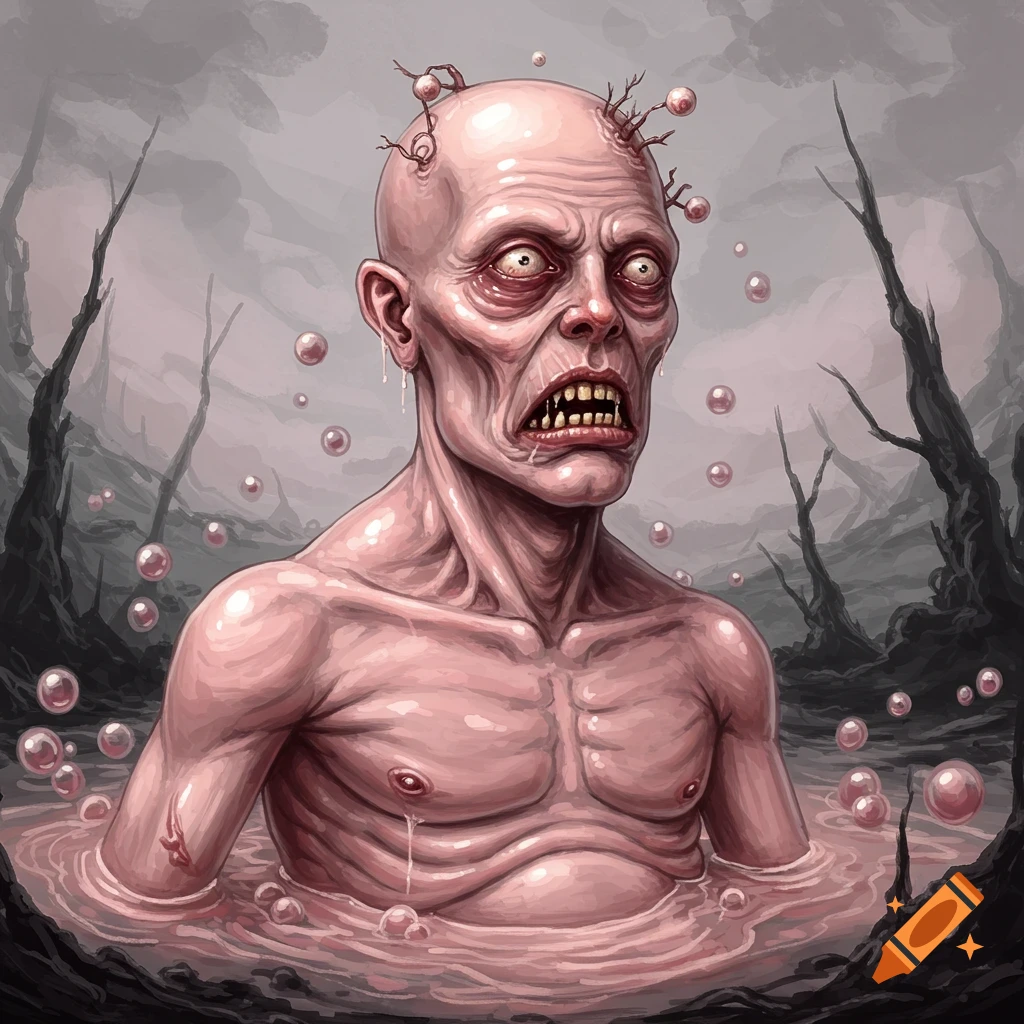A grotesque bald figure is partially submerged in pink liquid with bubbles, surrounded by dark trees.