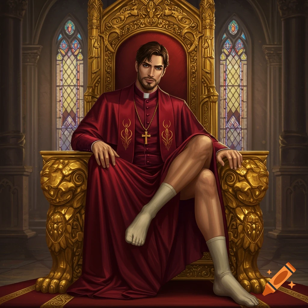 Painting of a handsome cleric in red robes sitting on a golden throne in a church, showing his leg.
