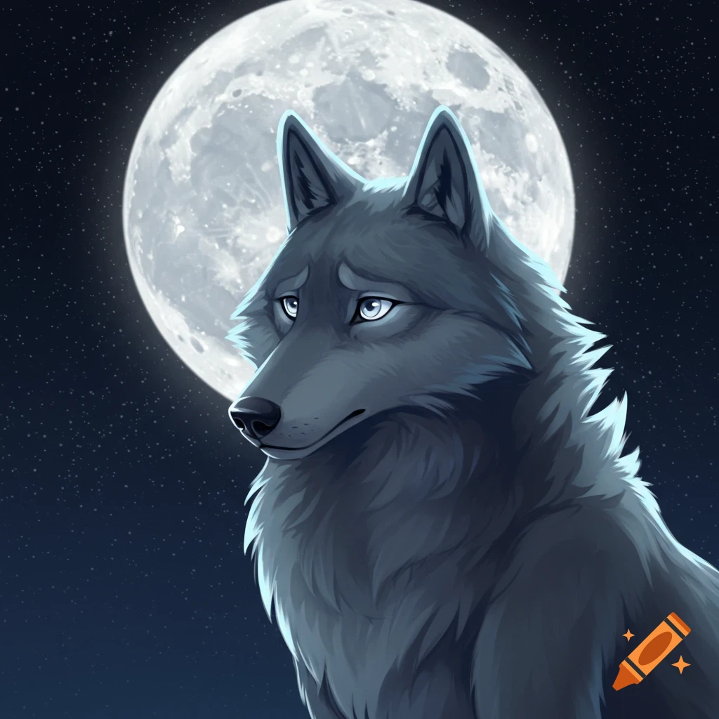 A grey wolf character looking left under a full moon and starry night sky.