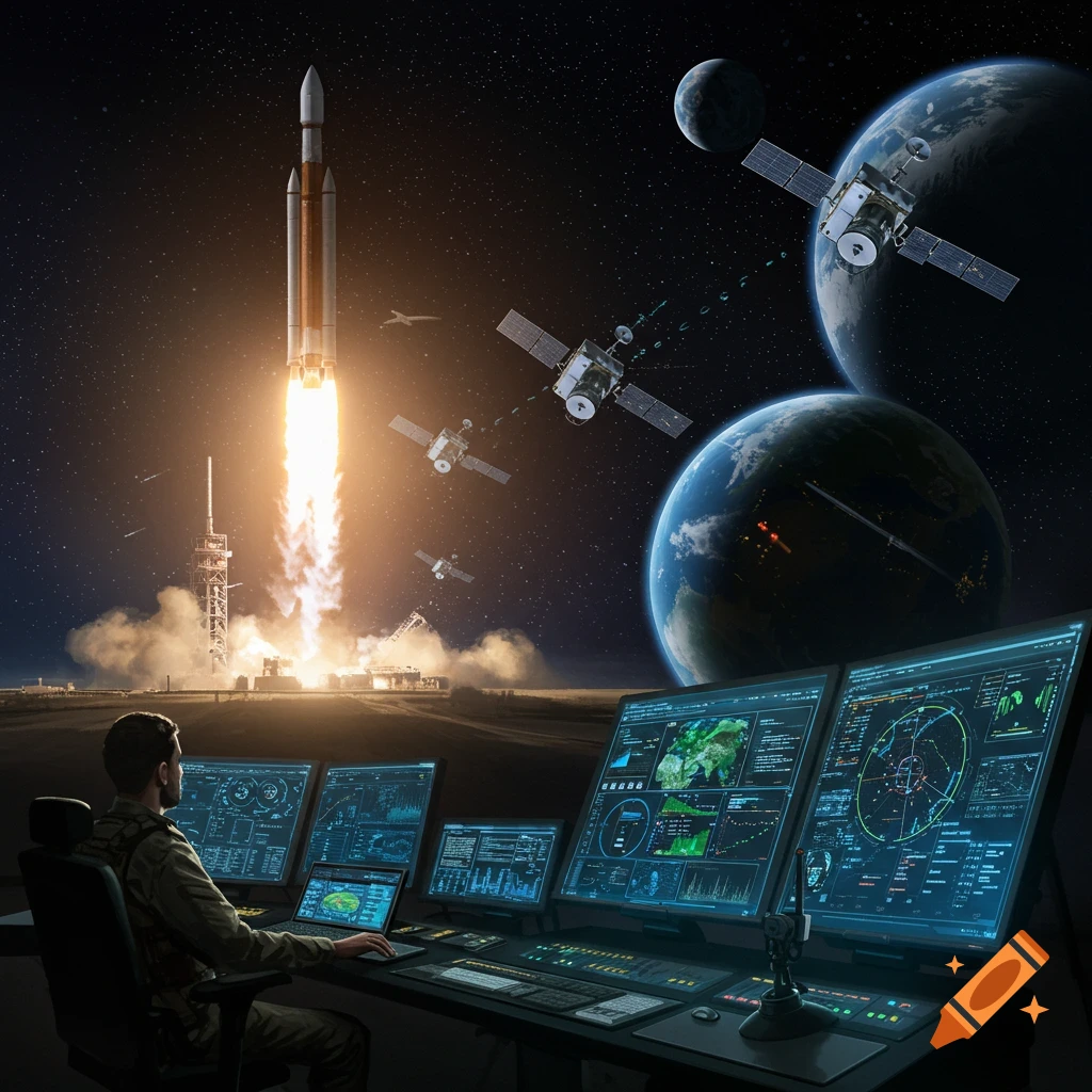 A rocket launches near a control room with a person monitoring screens, satellites orbiting Earth and the Moon in space.