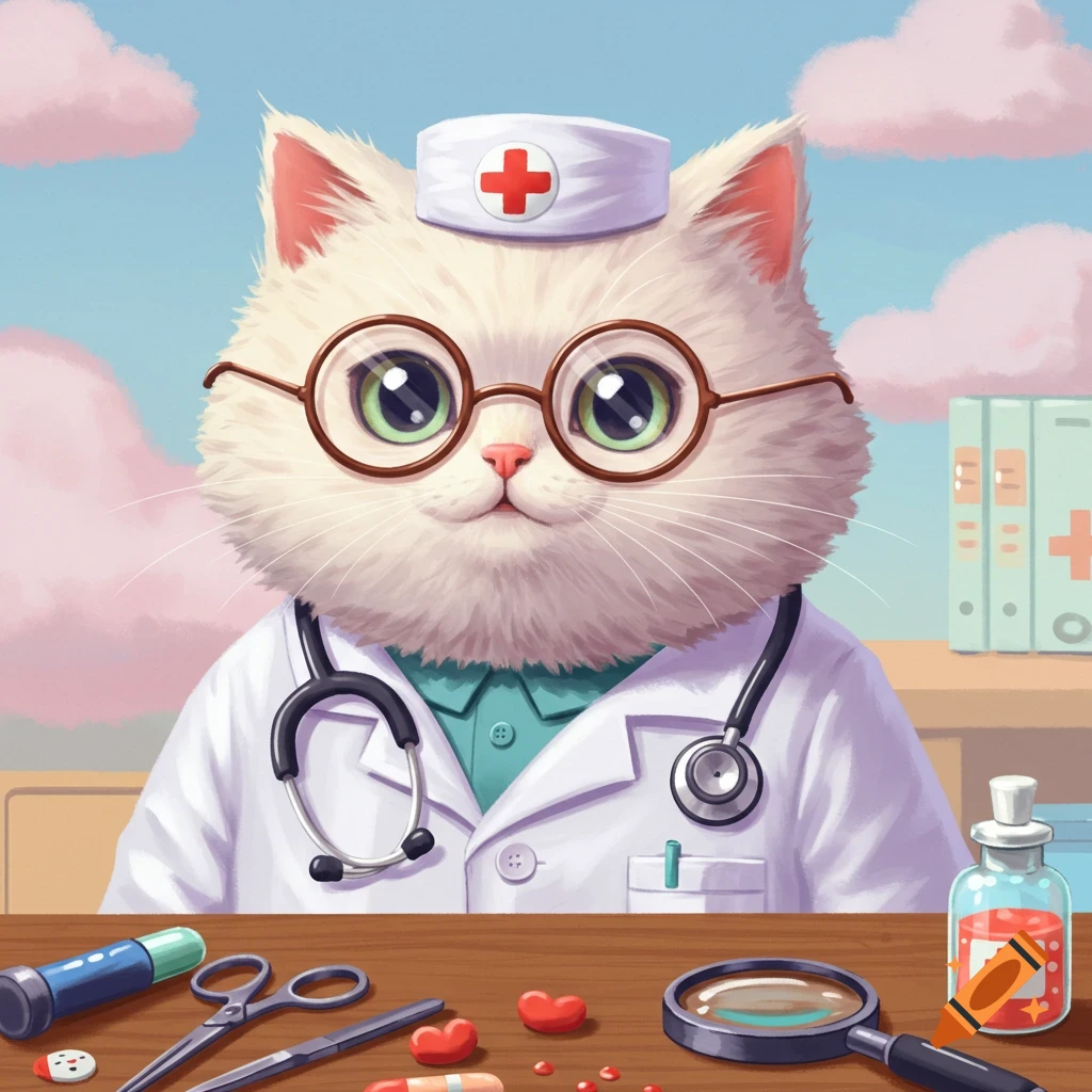 Fluffy white cat doctor in a lab coat and hat with medical tools on a desk.