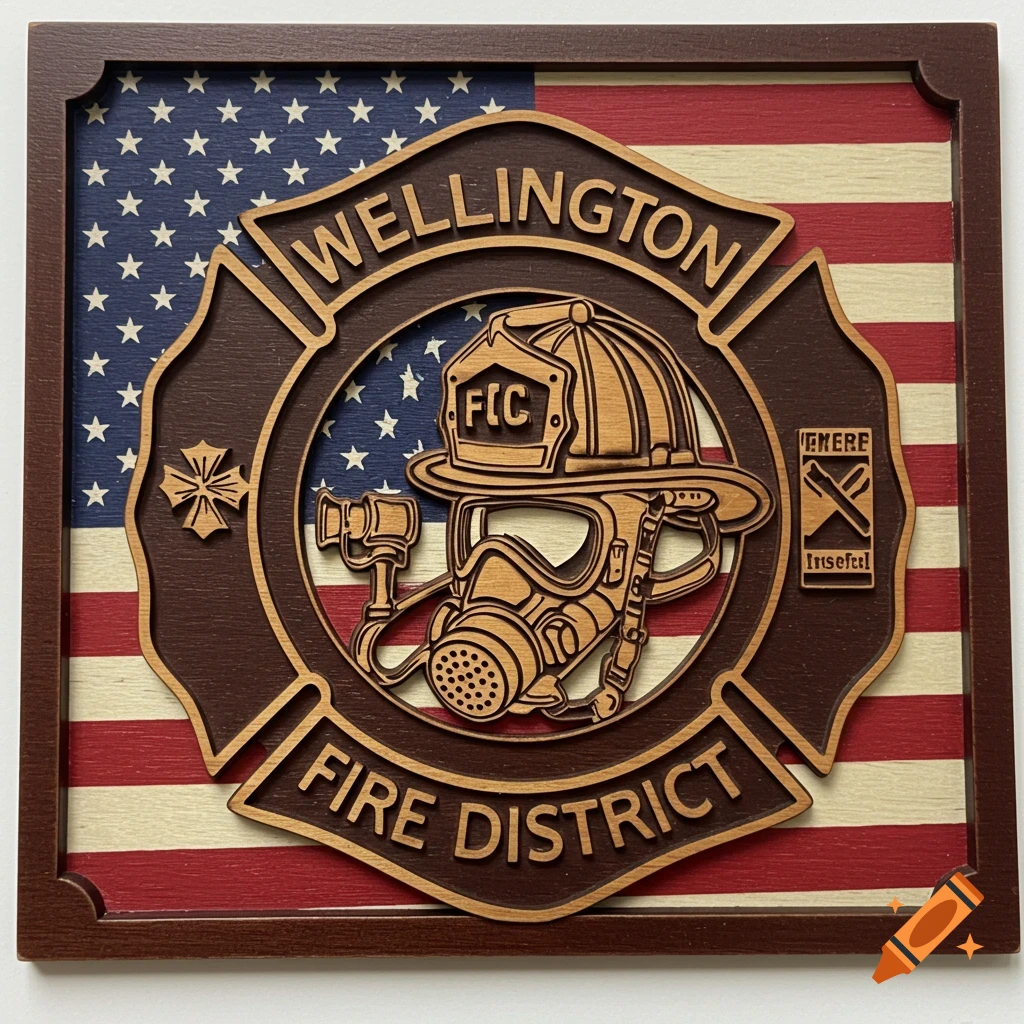 Wooden plaque with a firefighter logo featuring a helmet and mask over an American flag backdrop.