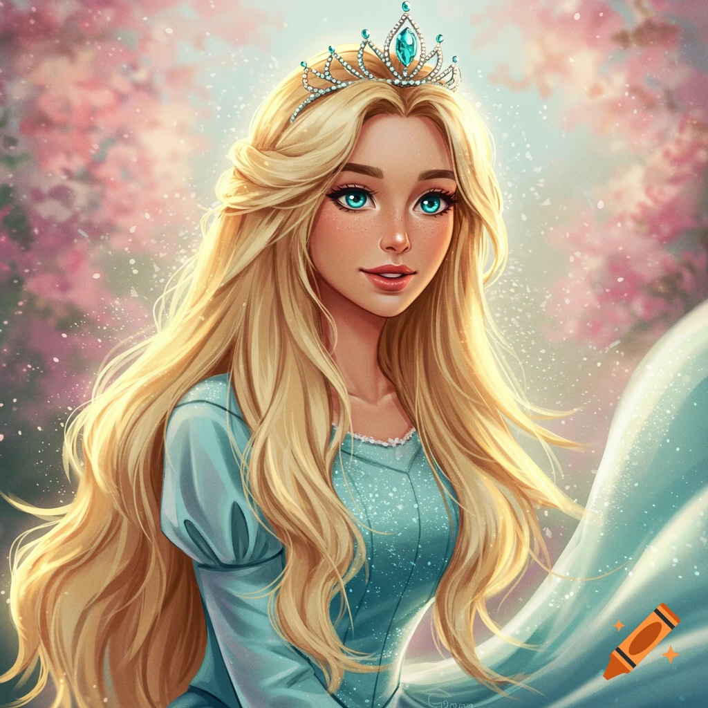 Stylized portrait of a blonde princess with a crown and blue dress against a pink floral background.