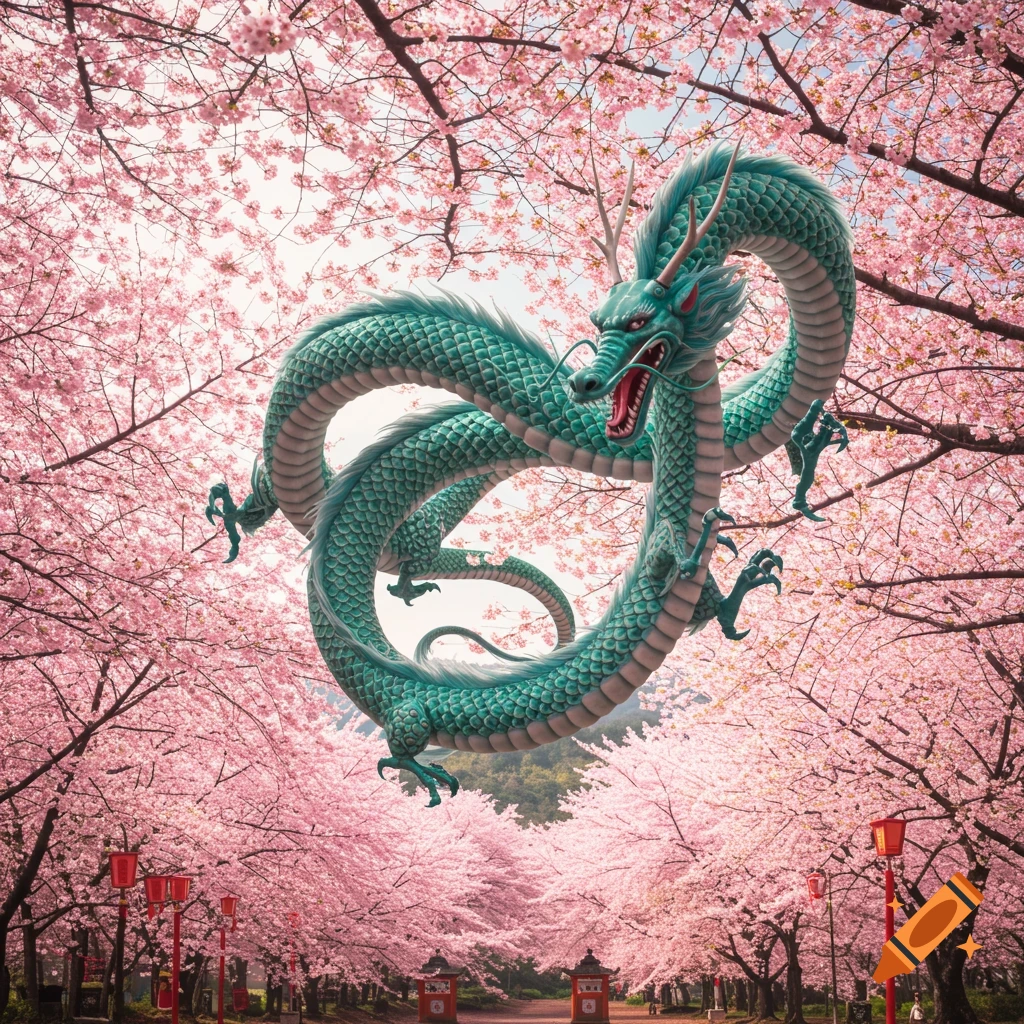 A green Japanese dragon flies through a park full of pink cherry blossom trees and red lanterns.