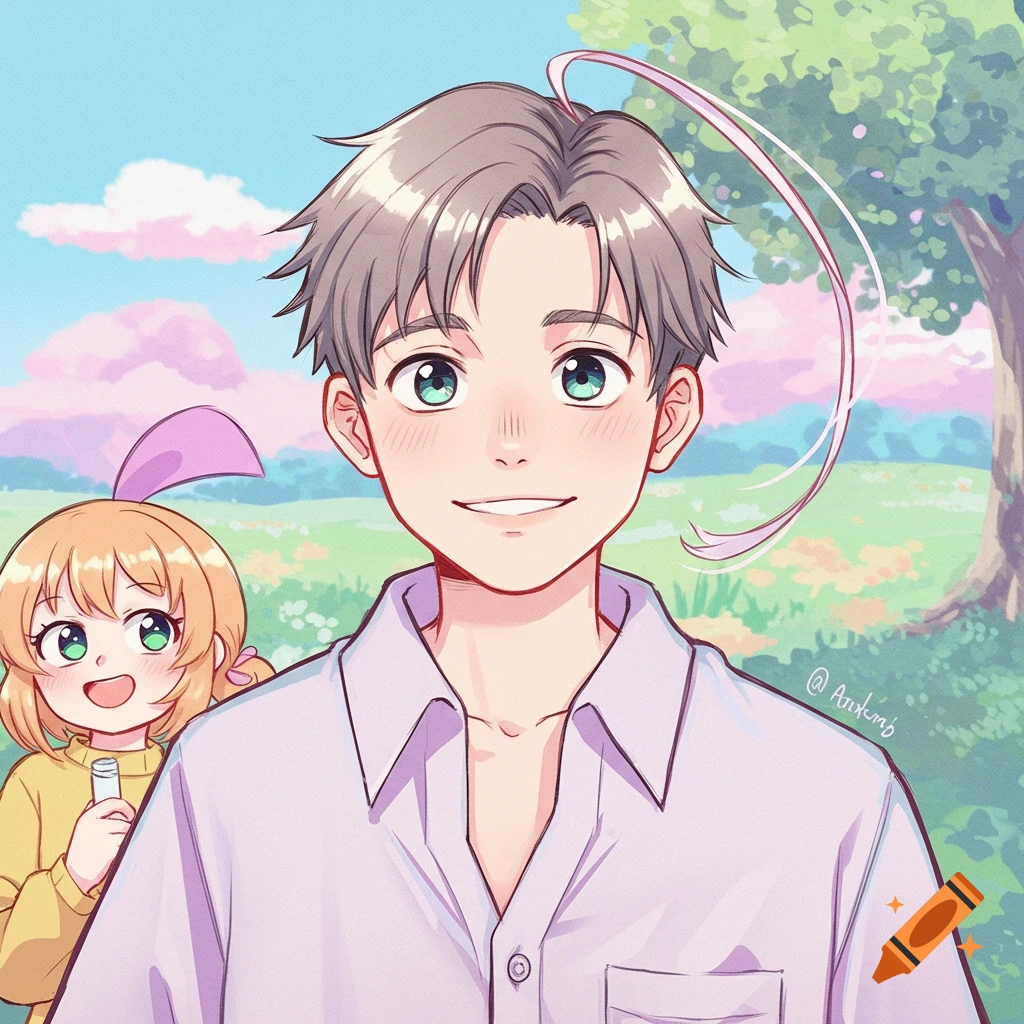An anime-style image of a young man and a girl smiling in a park.