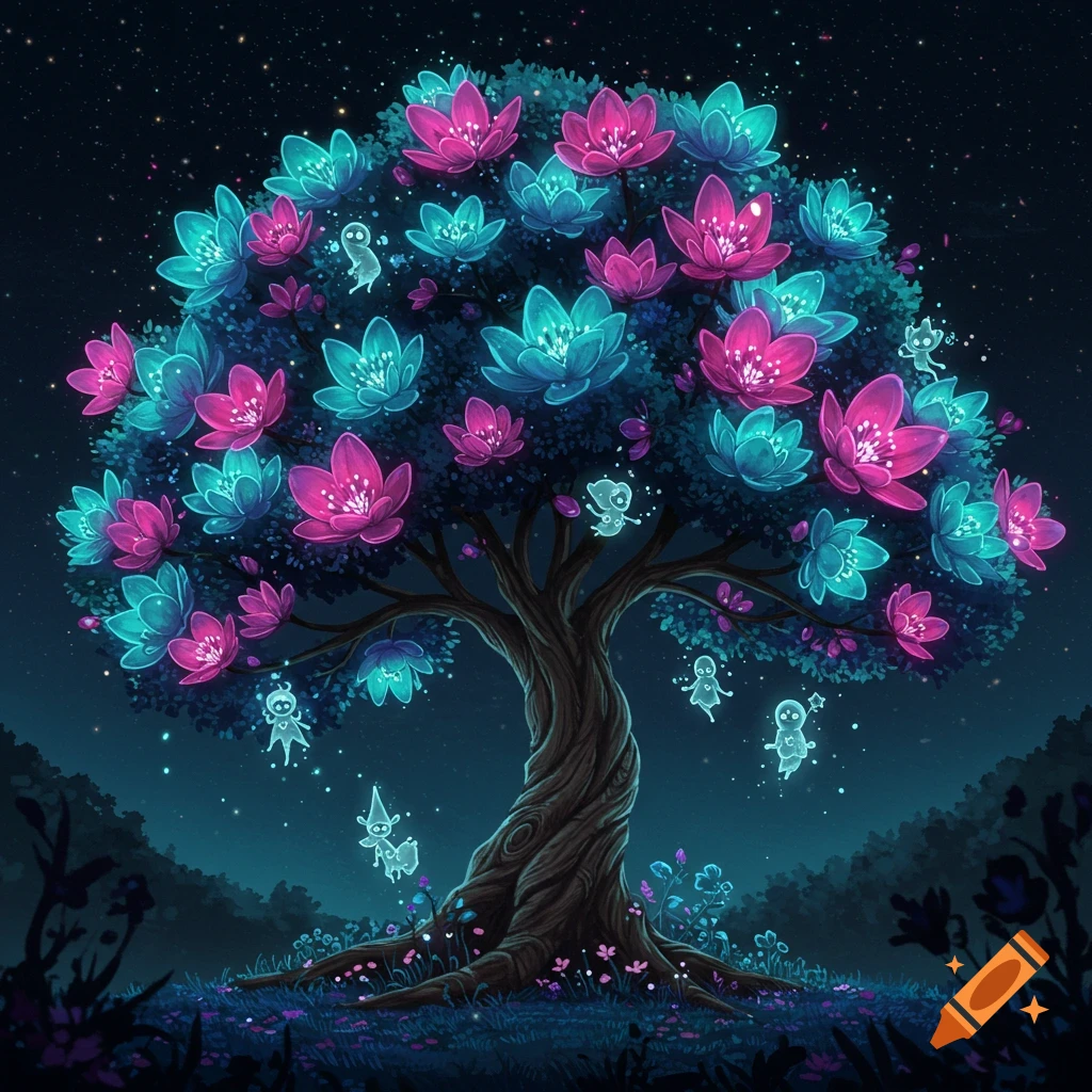 A magical tree with glowing pink and blue flowers and spirits under a starry night sky.