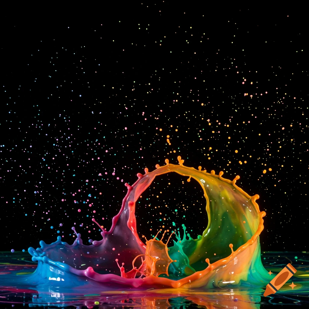 Vibrant rainbow colored paint splash frozen in mid-air against a black background, with scattered droplets.